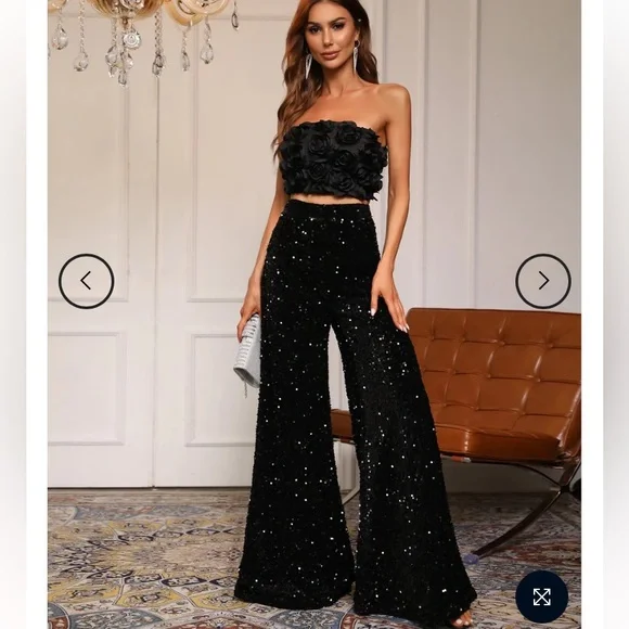 NWT Faeriesty Black Sequin Rose Tube Top Jumpsuit - Picture 1 of 13